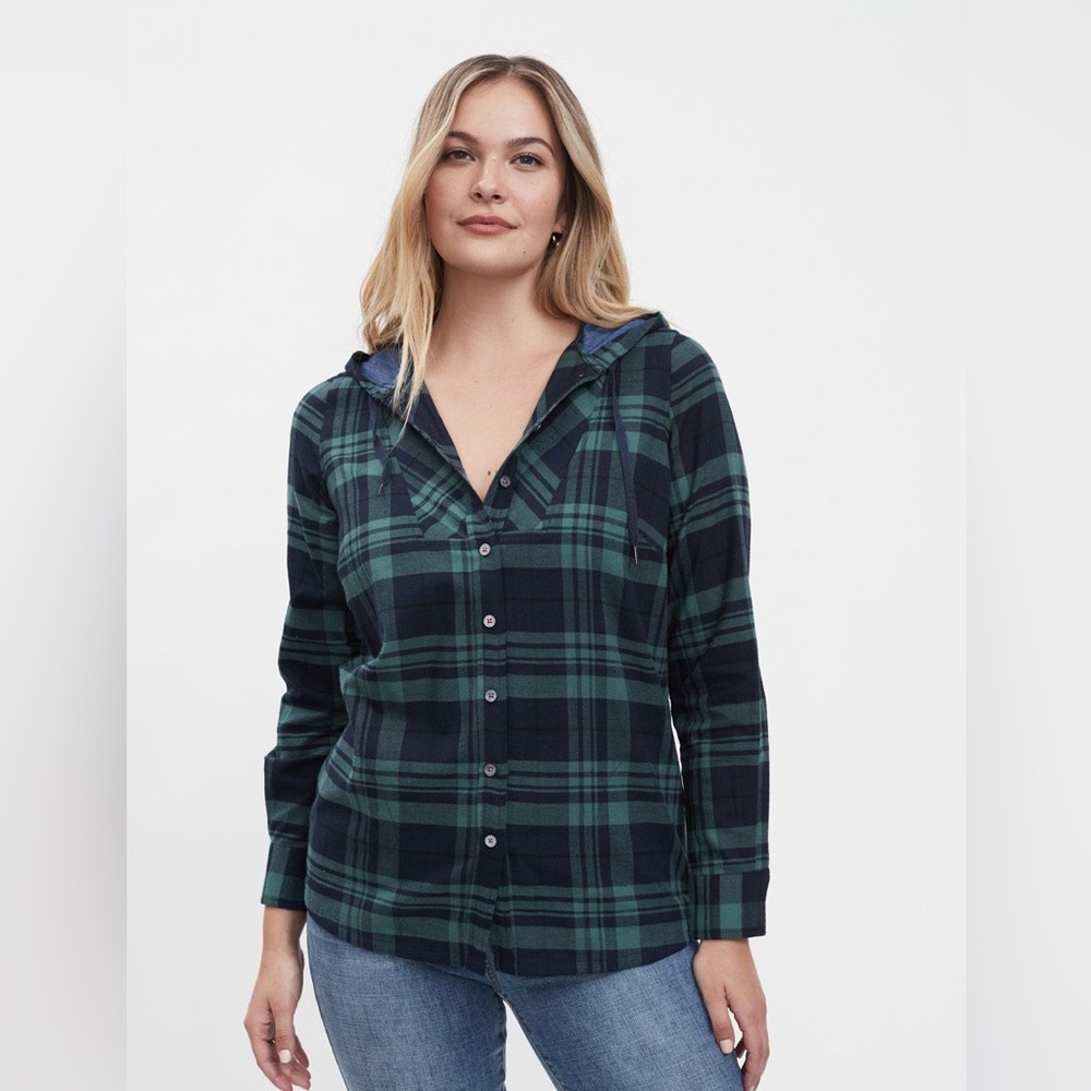 FDJ  hooded plaid shirt size 4 green/navy